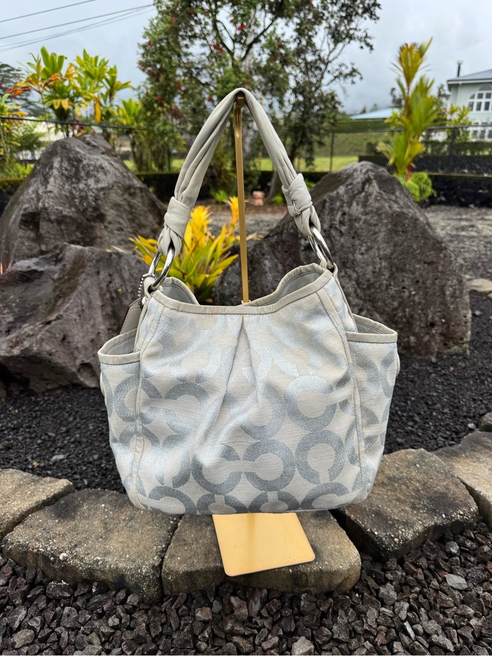 Coach 2008 Signature Lurex Metallic Canvas Shoulder Tote Bag White Silver 13508 - Picture 3 of 12